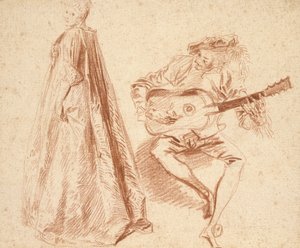 Ragazza in piedi di profilo a sinistra, guardando oltre la spalla sinistra, con un uomo, a destra, che suona una chitarra